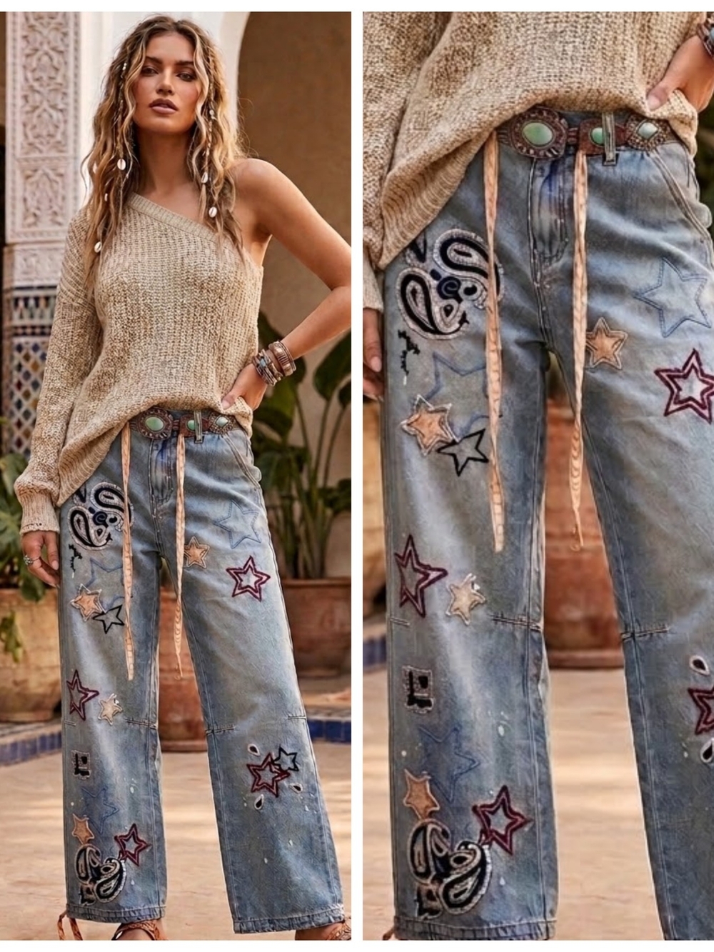 Oli & Hali Light Blue Embroidered Star Paisley Distressed Jeans